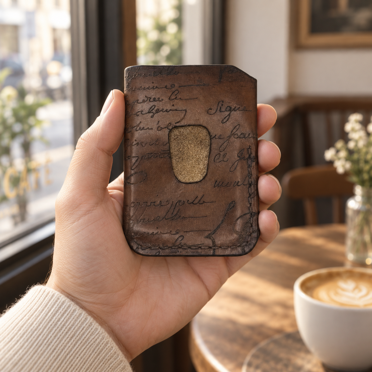 Espresso Script Business Card Holder, lifestyle shot, held in hand