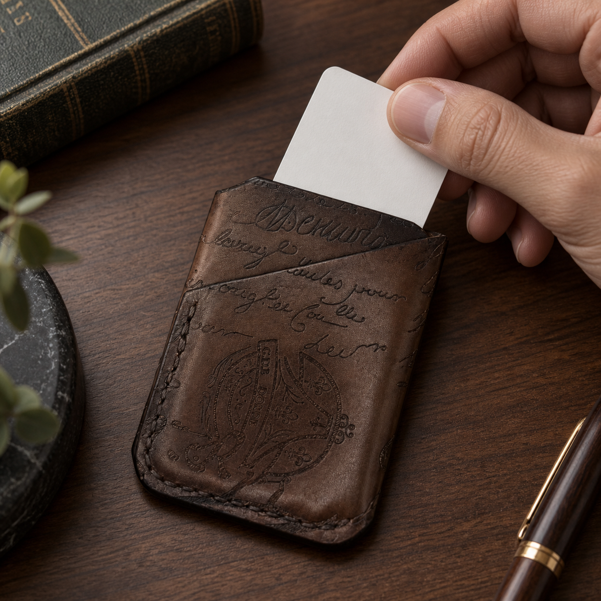 Espresso Script Business Card Holder, lifestyle shot, in use