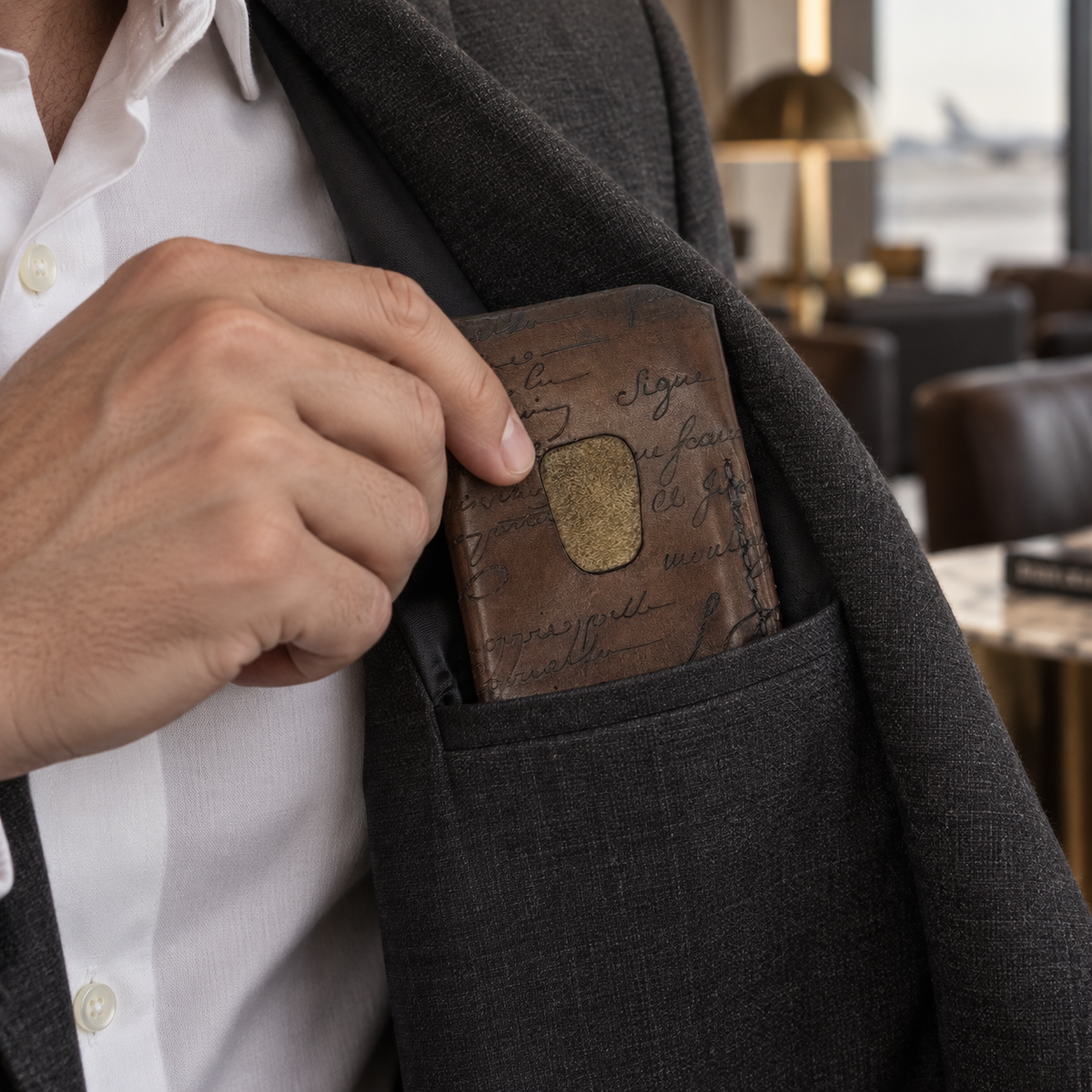 Espresso Script Business Card Holder, lifestyle shot, carried