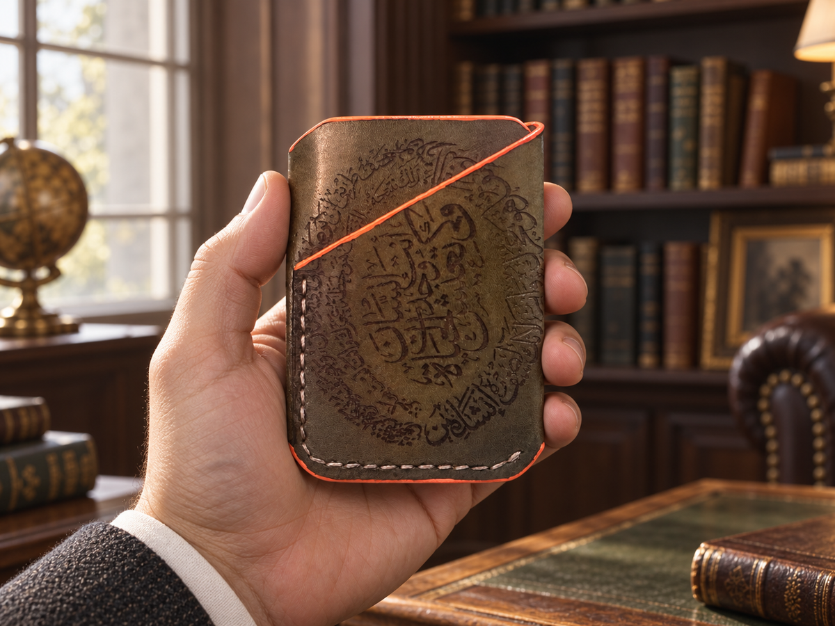 Grass Green Calligraphy Business Card Holder, lifestyle shot, held in hand