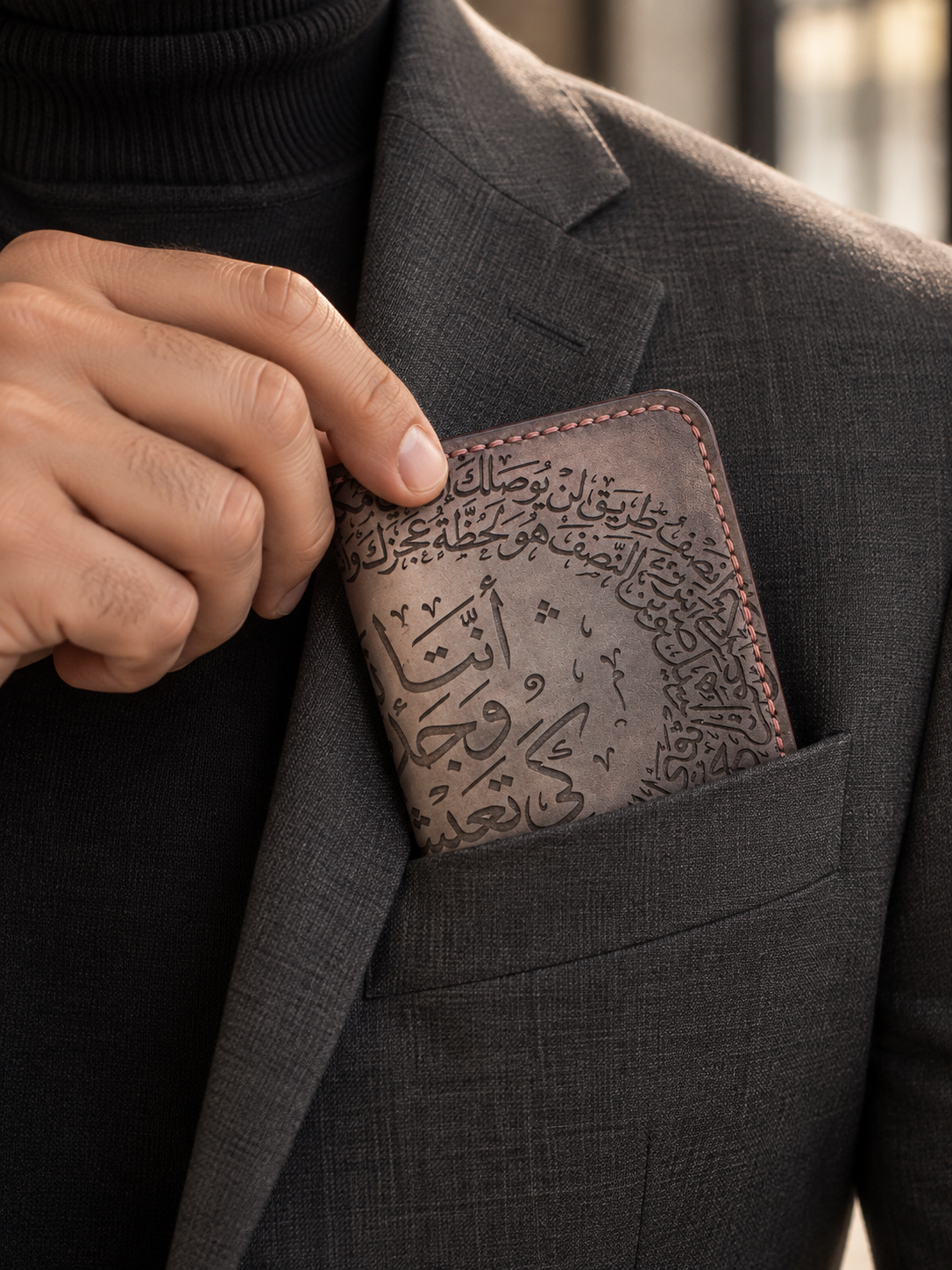 Grey-Bronze Calligraphy Folded Card Holder, lifestyle shot, carried