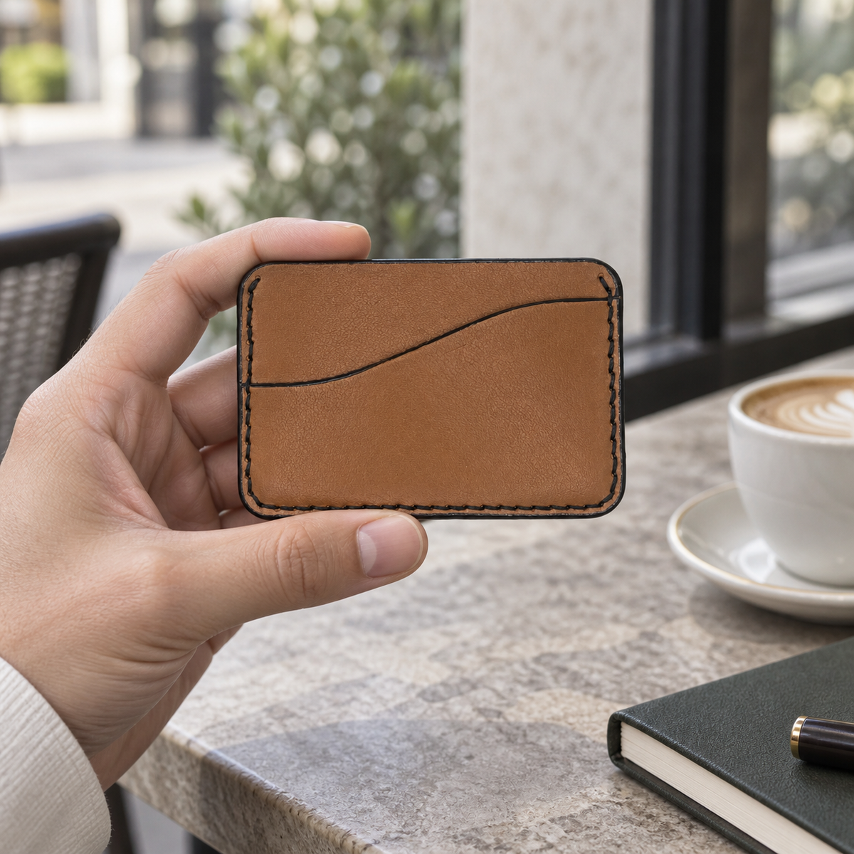 Honey Brown Slim Card Holder, lifestyle shot, held in hand
