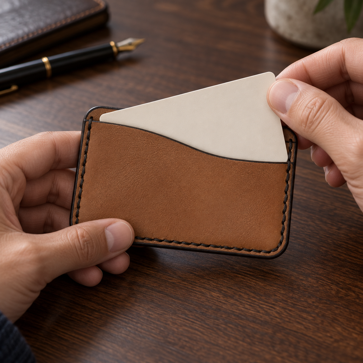 Honey Brown Slim Card Holder, lifestyle shot, in use
