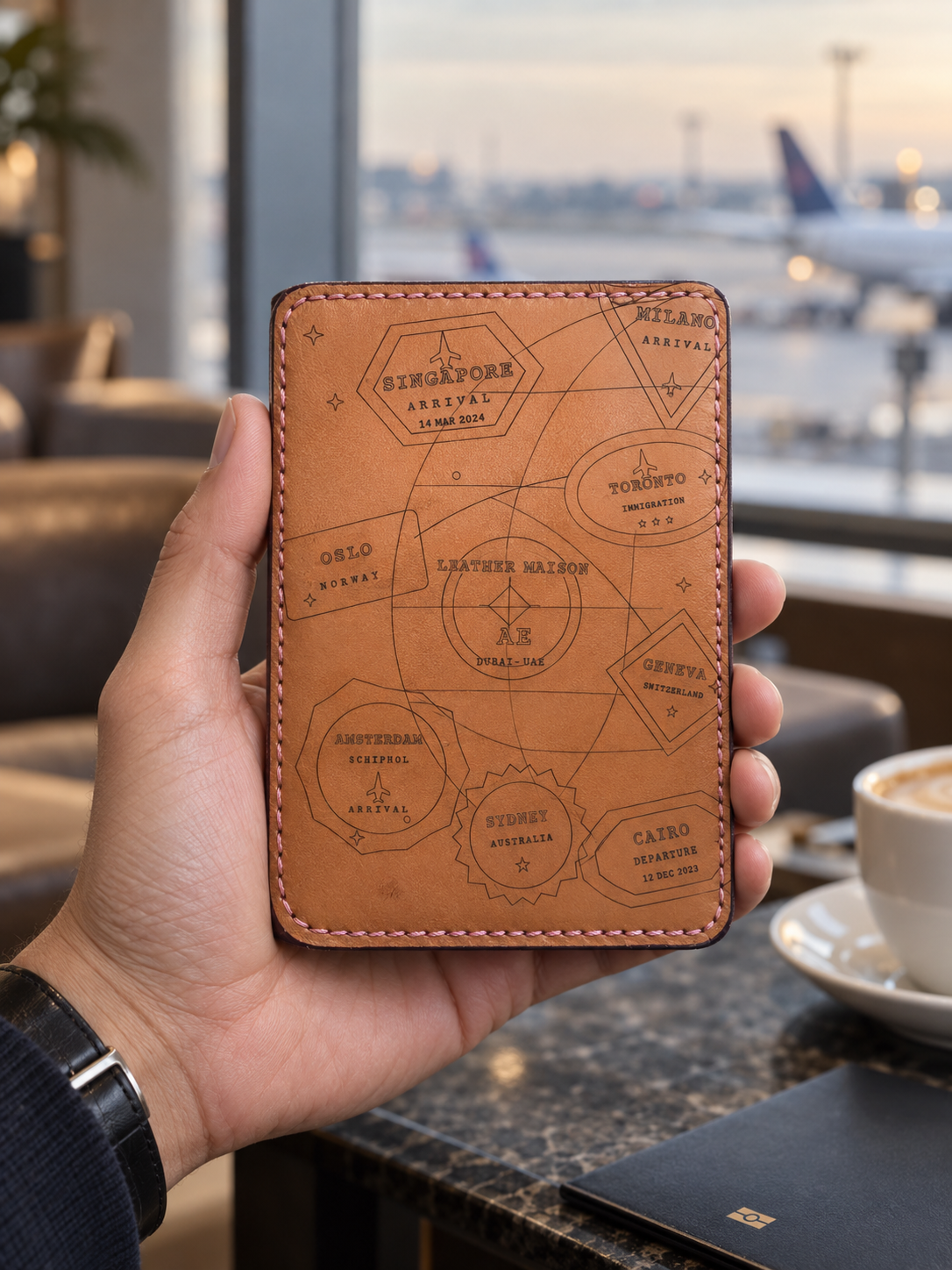 Itinerary Engraved Passport Holder, lifestyle shot, held in hand