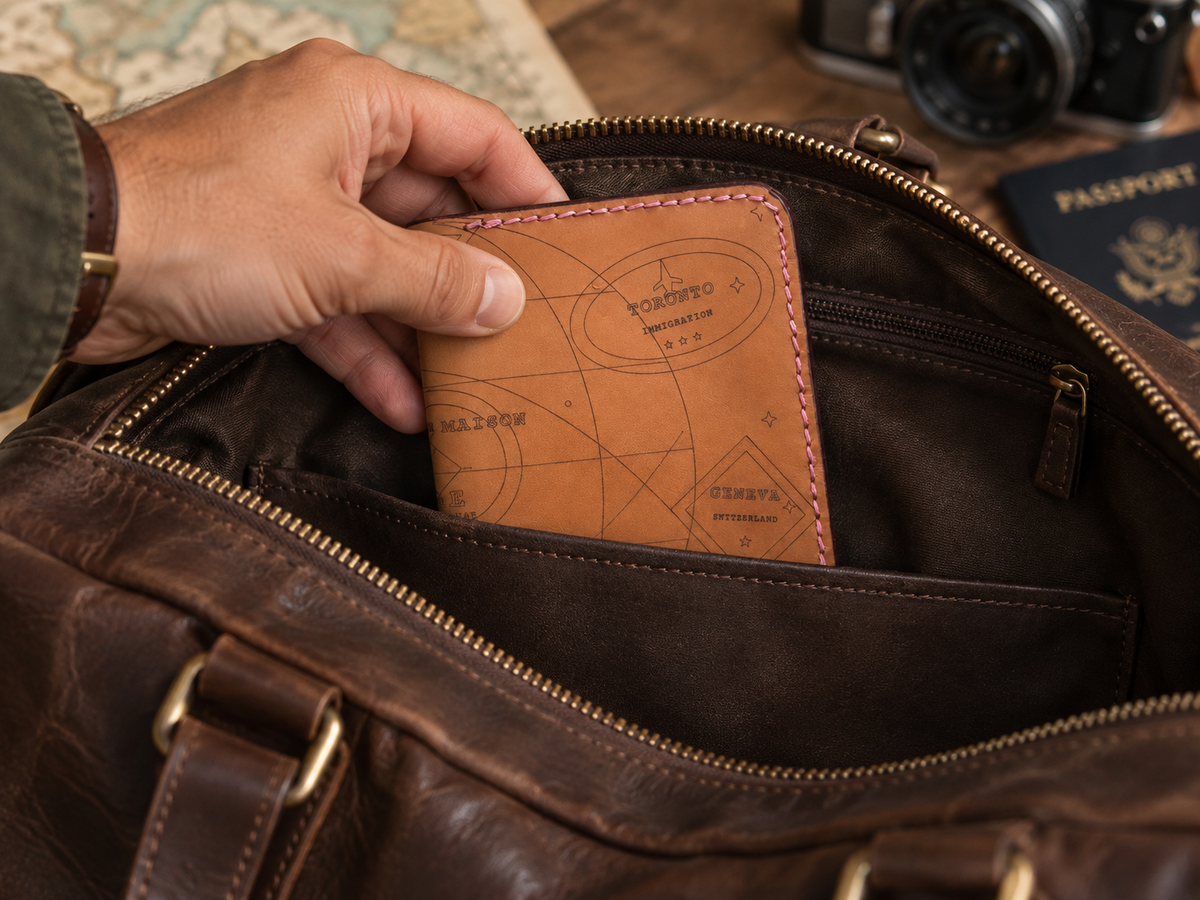 Itinerary Engraved Passport Holder, lifestyle shot, carried