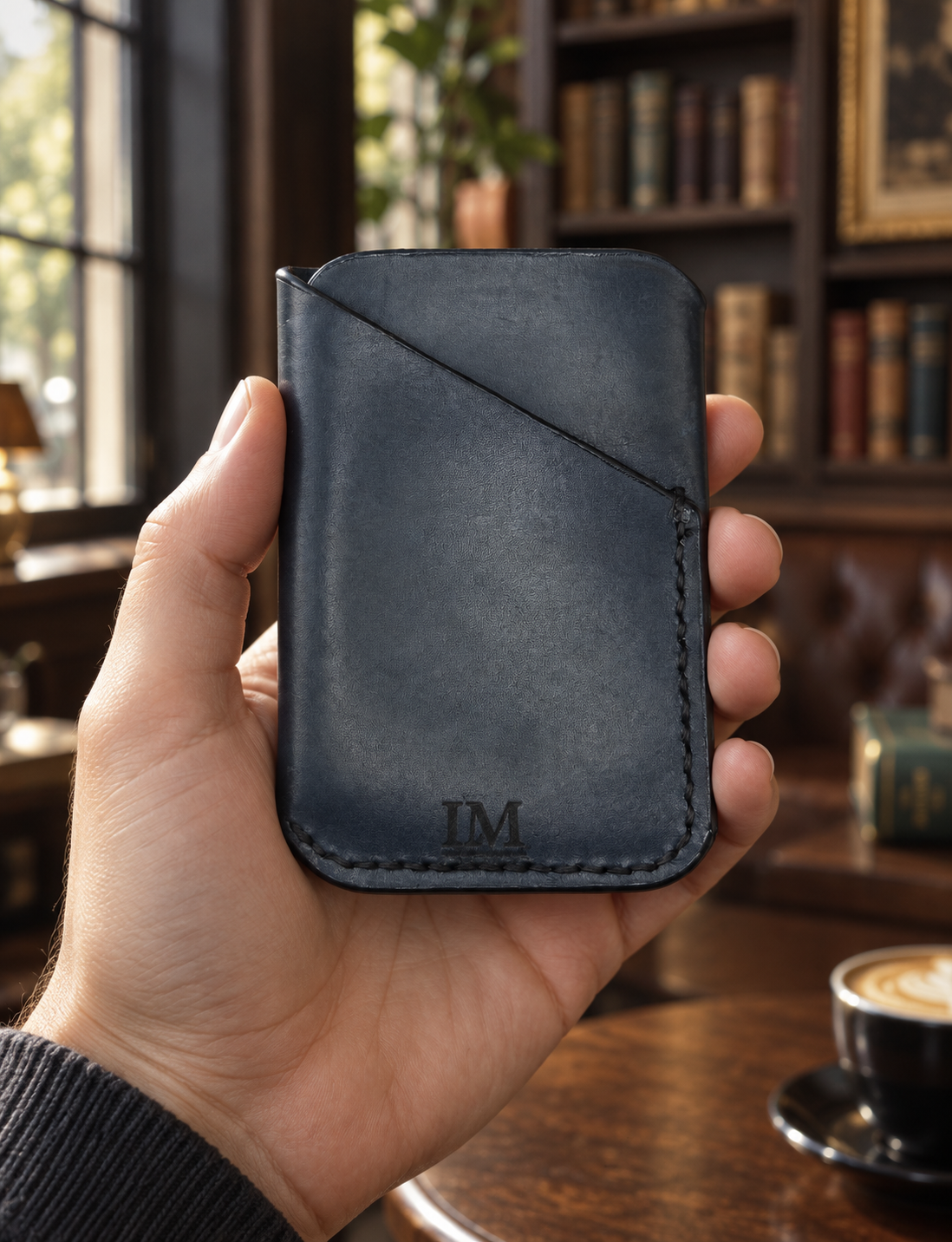 Jet-Black Business Card Holder, lifestyle shot, held in hand
