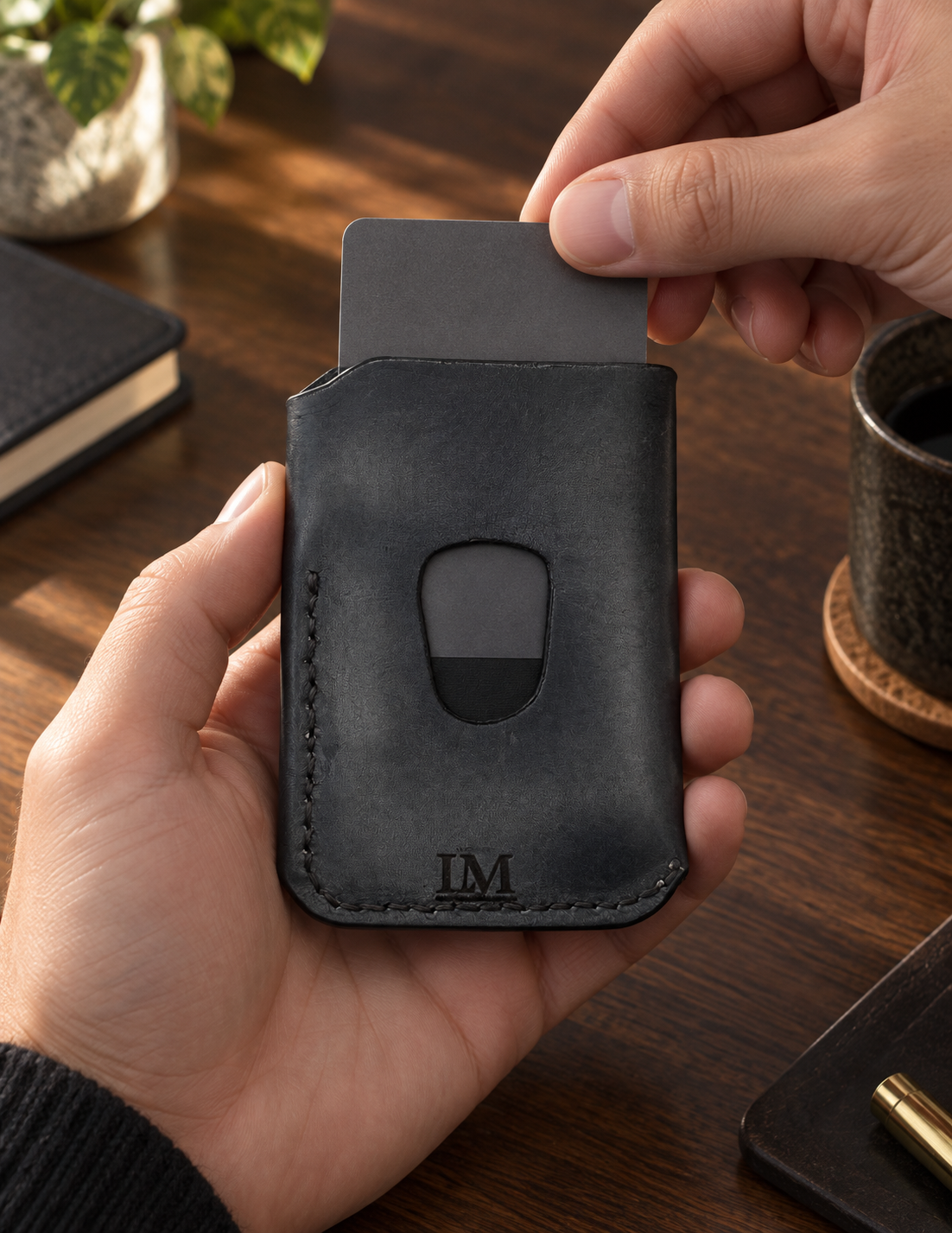 Jet-Black Business Card Holder, lifestyle shot, in use