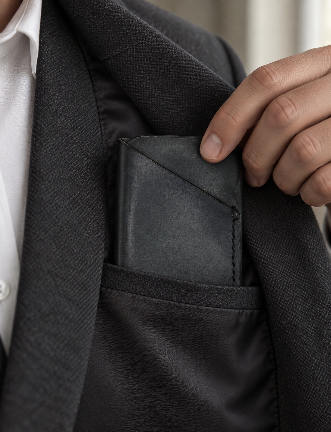 Jet-Black Business Card Holder, lifestyle shot, carried