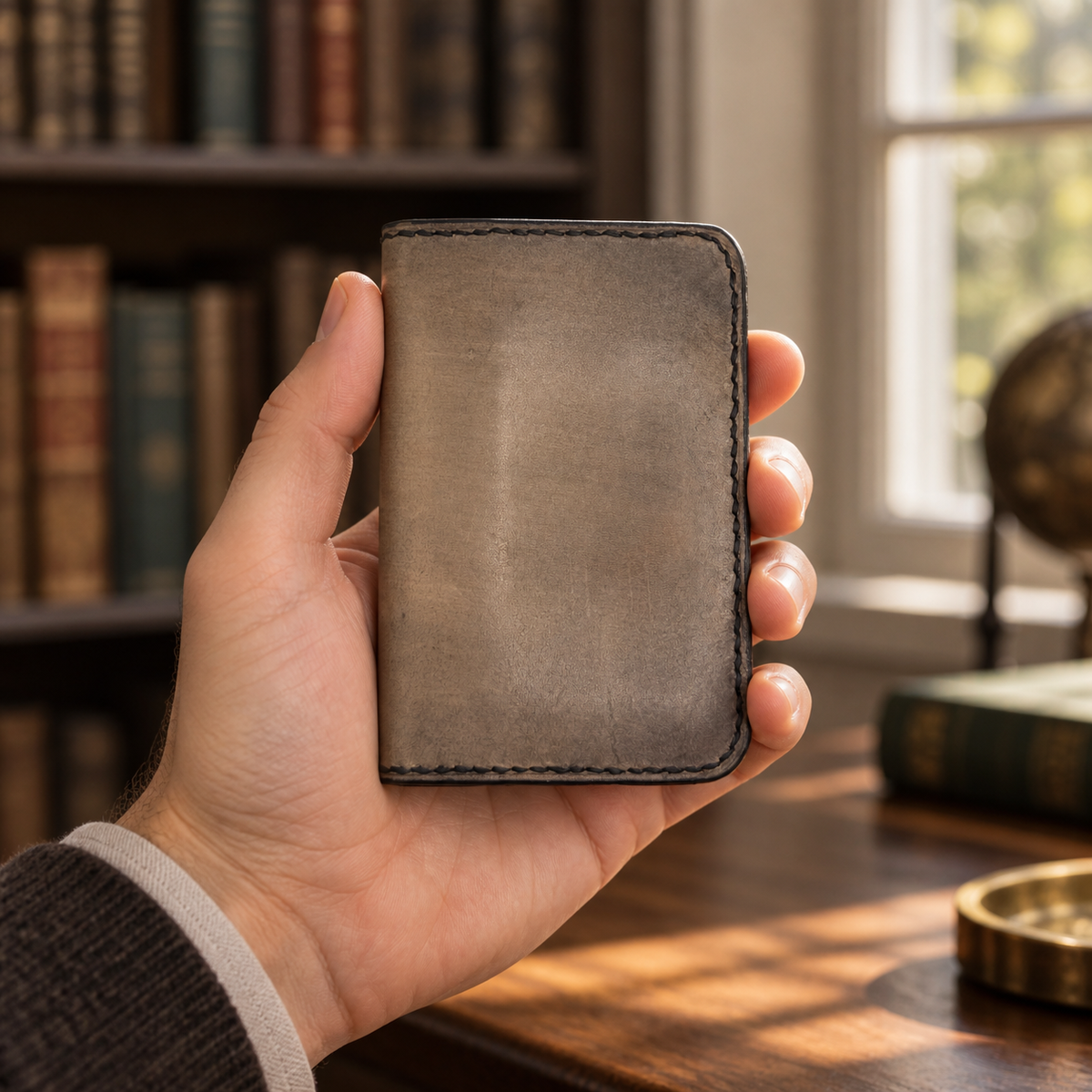 Light Grey Folded Card Holder, lifestyle shot, held in hand