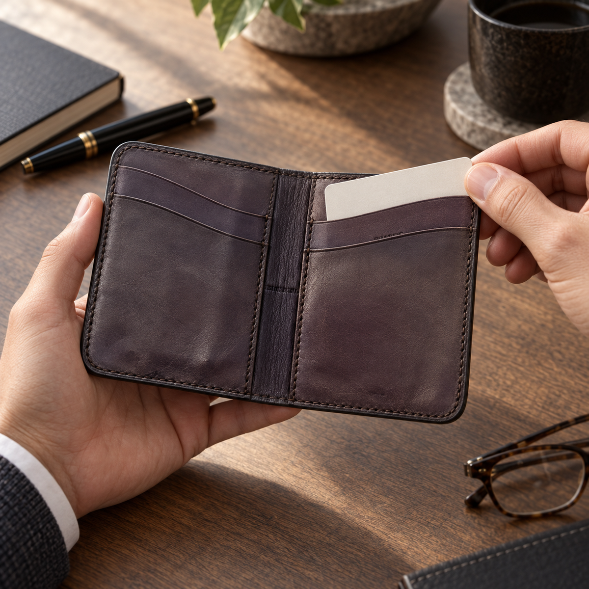 Light Grey Folded Card Holder, lifestyle shot, in use