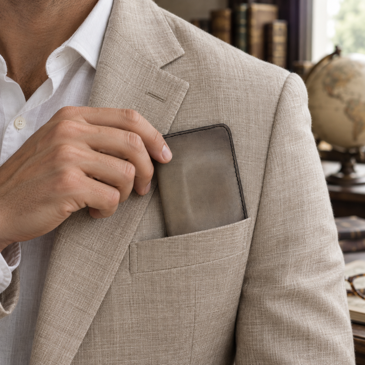 Light Grey Folded Card Holder, lifestyle shot, carried