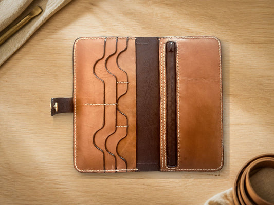 Long Wallet, cognac leather, closed straight-on view showing embossed wave line
