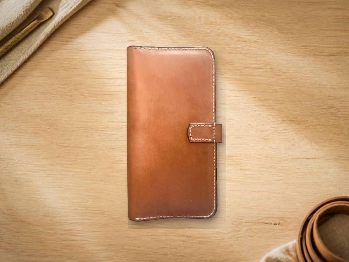 Long Wallet, cognac leather, open showing bifold interior and card slots