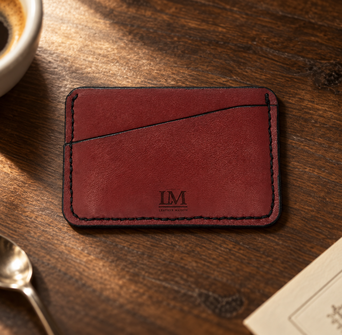 Matte Red Slim Card Holder, lifestyle shot, table setting