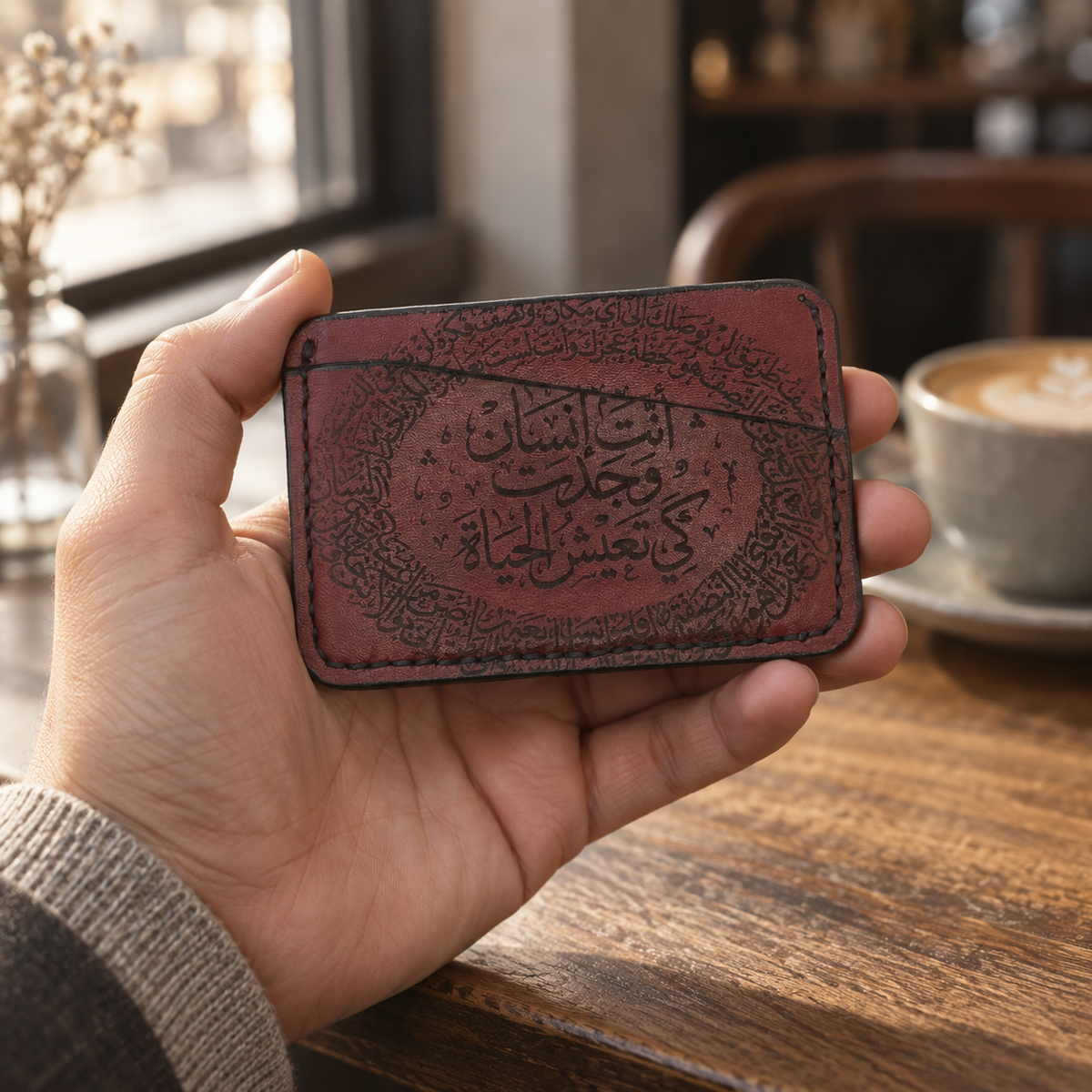 Matte Red Slim Card Holder, lifestyle shot, held in hand