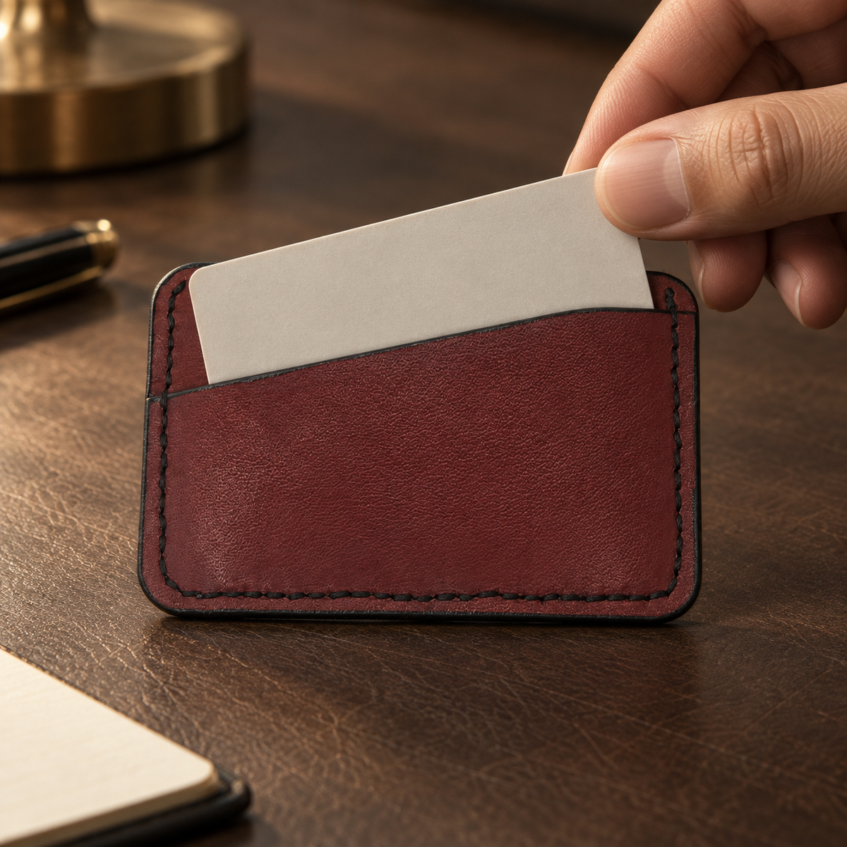 Matte Red Slim Card Holder, lifestyle shot, in use