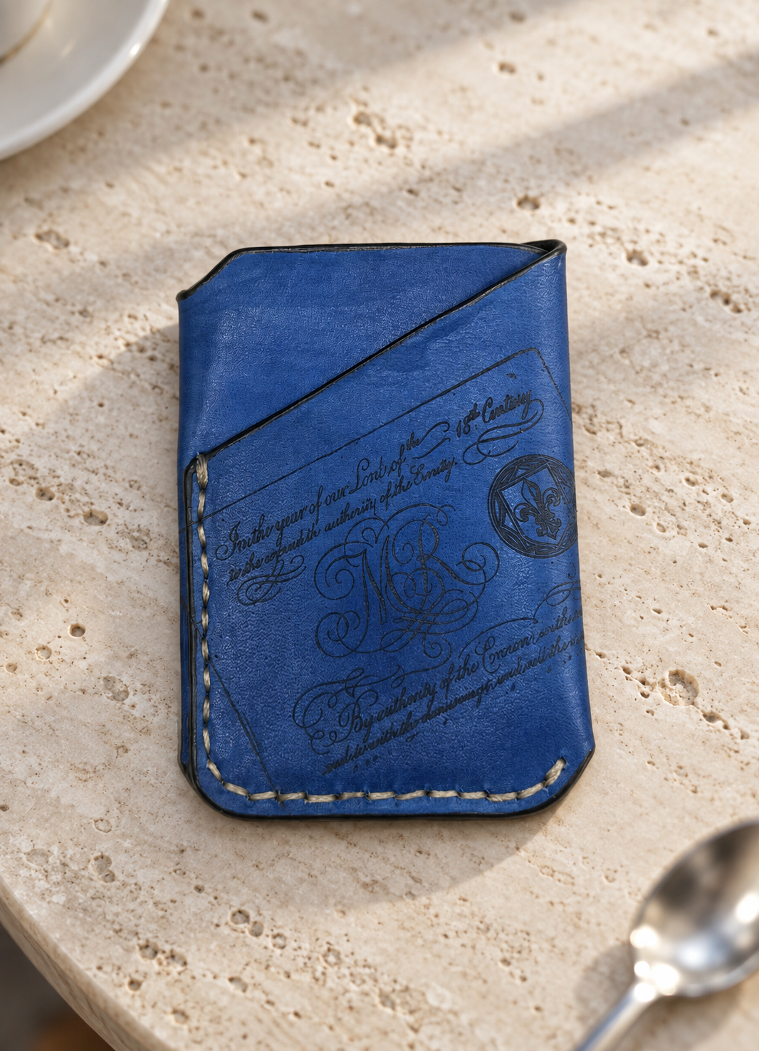 Navy Fleur-de-Lis Business Card Holder, lifestyle shot, table setting