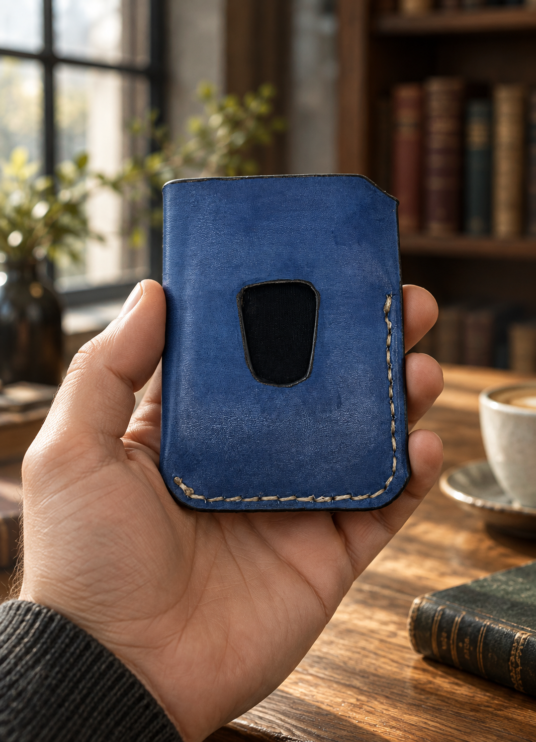 Navy Fleur-de-Lis Business Card Holder, lifestyle shot, held in hand
