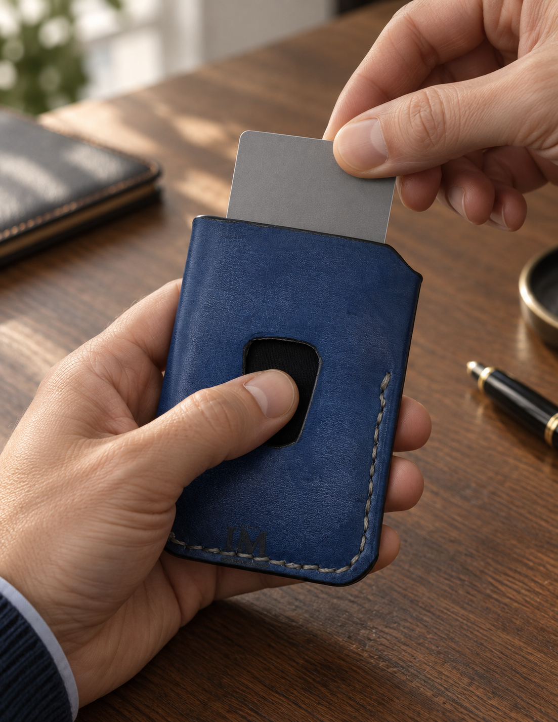 Navy Fleur-de-Lis Business Card Holder, lifestyle shot, in use