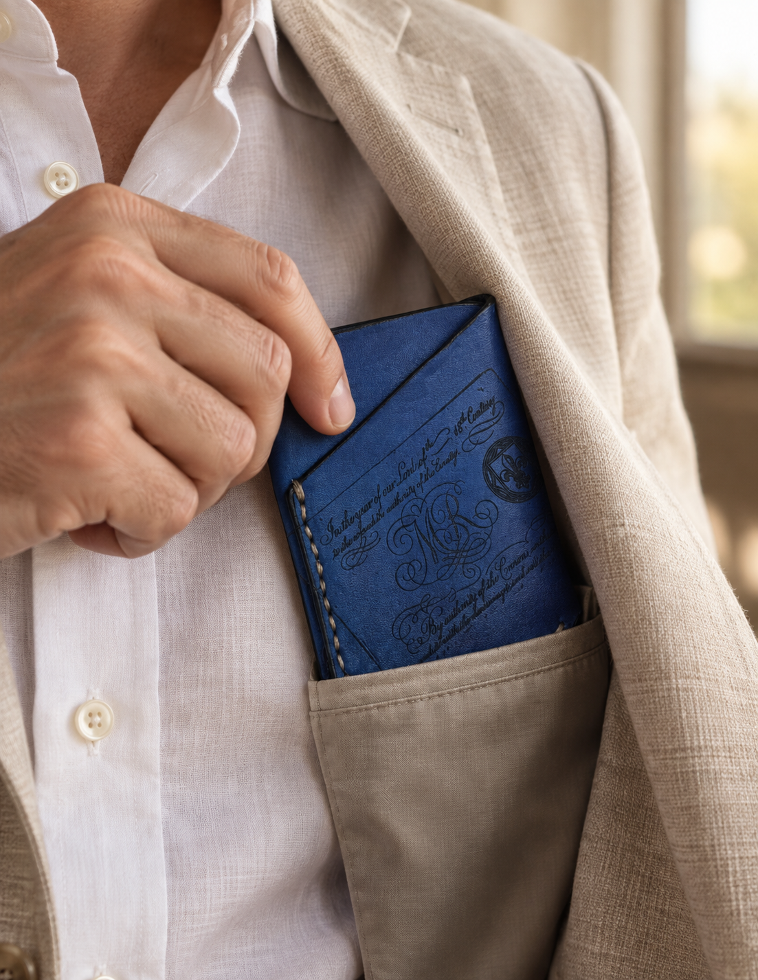Navy Fleur-de-Lis Business Card Holder, lifestyle shot, carried
