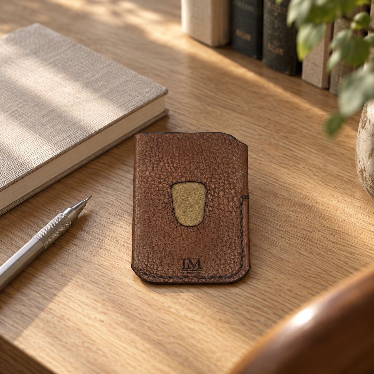 Pebbled Brown Business Card Holder, lifestyle shot, table setting