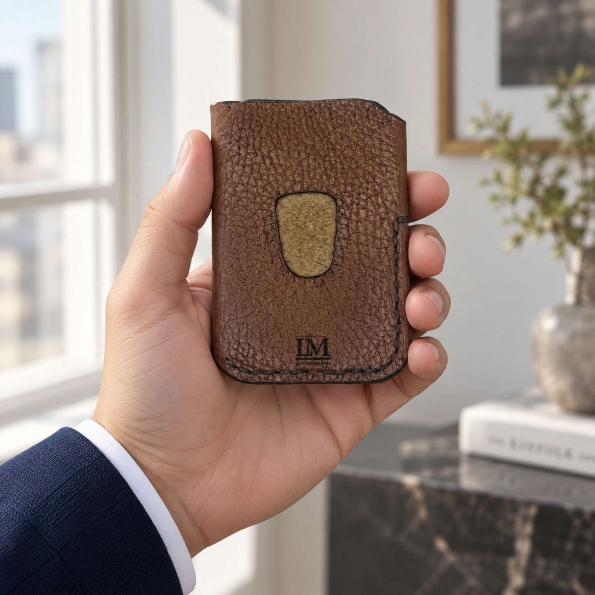 Pebbled Brown Business Card Holder, lifestyle shot, held in hand