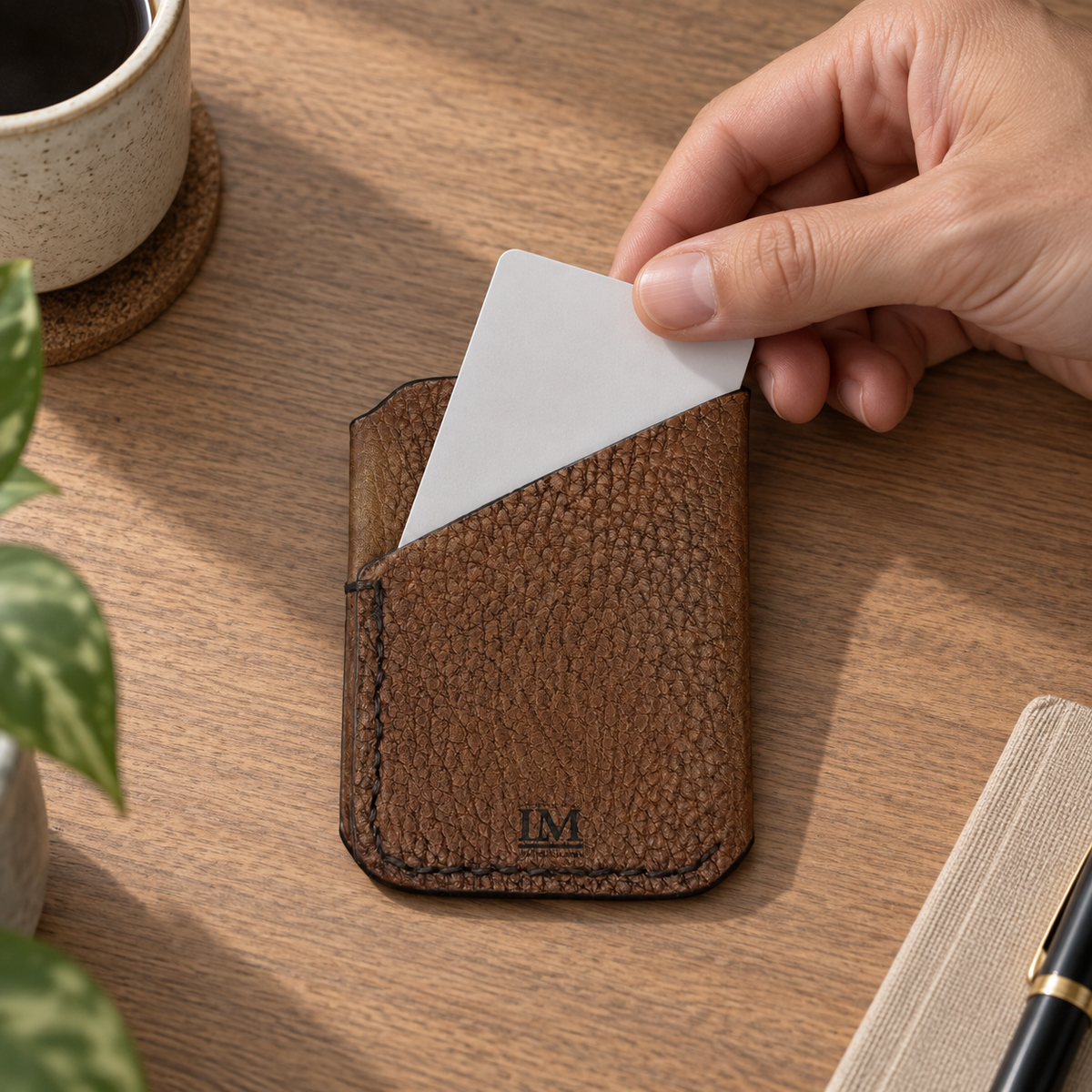 Pebbled Brown Business Card Holder, lifestyle shot, in use