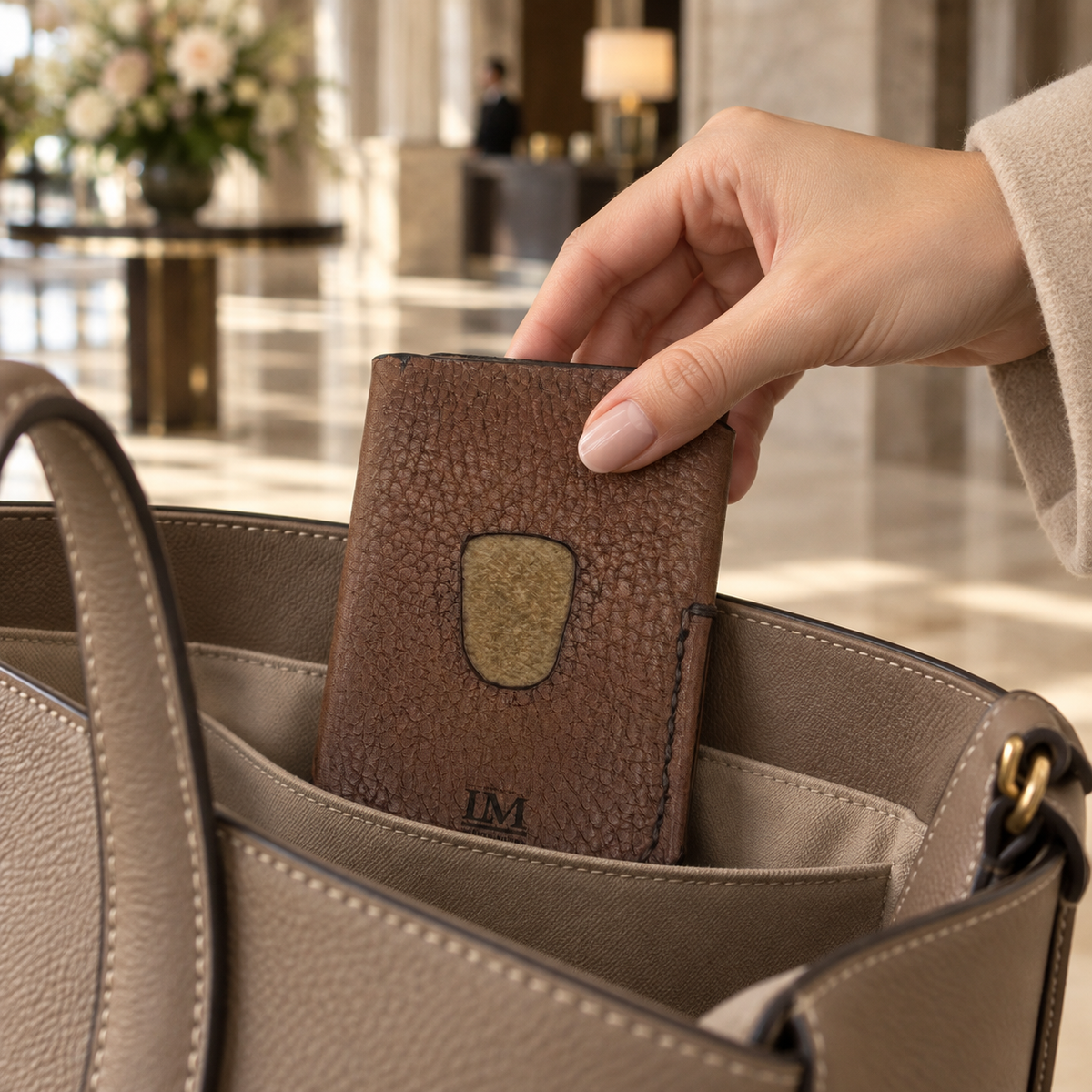 Pebbled Brown Business Card Holder, lifestyle shot, carried
