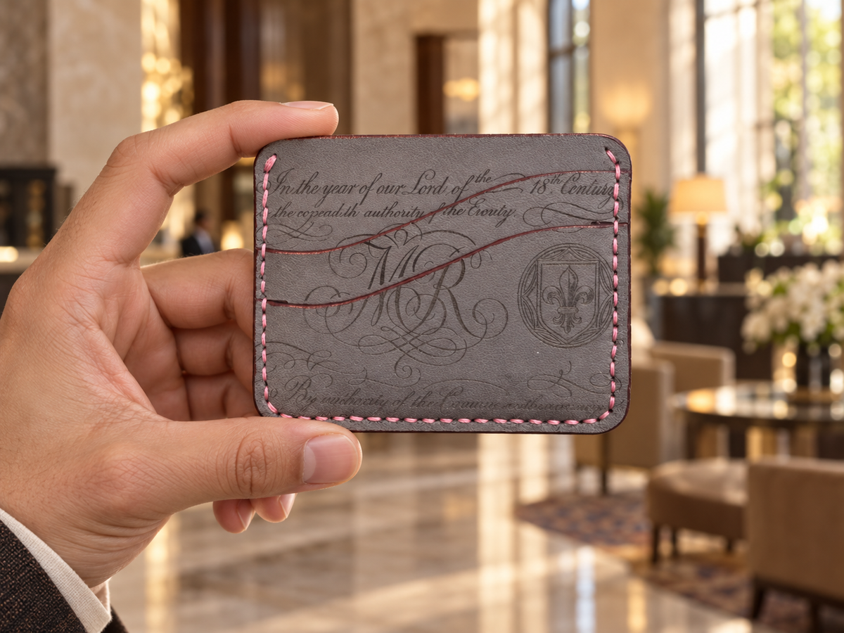Slate Calligraphy Slim Card Holder, Large, lifestyle shot, held in hand
