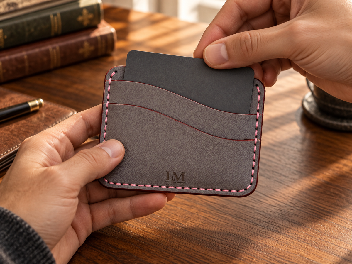 Slate Calligraphy Slim Card Holder, Large, lifestyle shot, in use