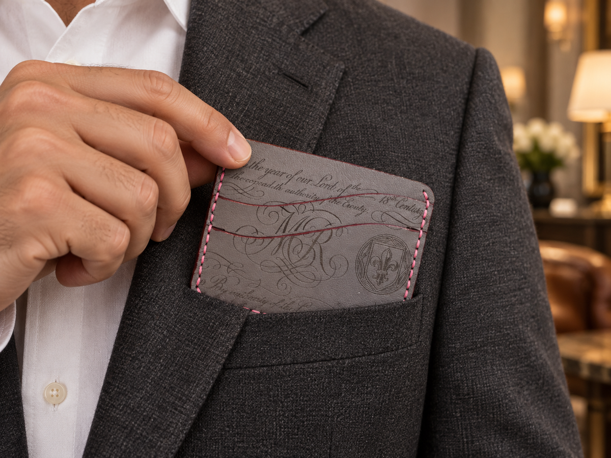 Slate Calligraphy Slim Card Holder, Large, lifestyle shot, carried