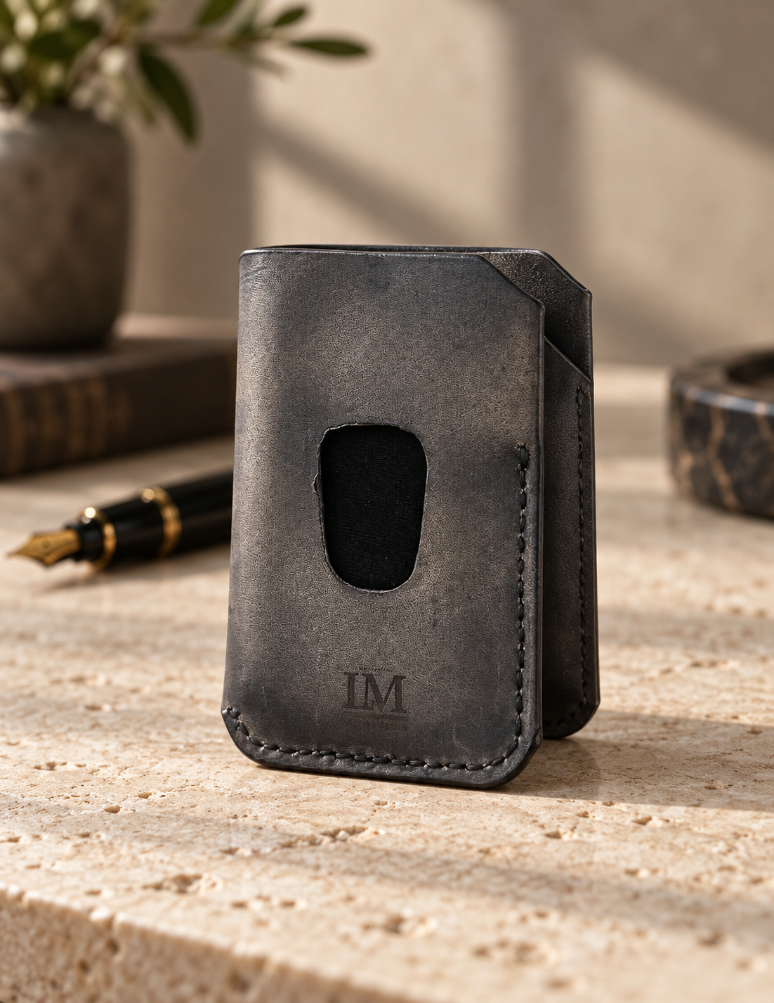 Smoked Grey Business Card Holder, lifestyle shot, table setting