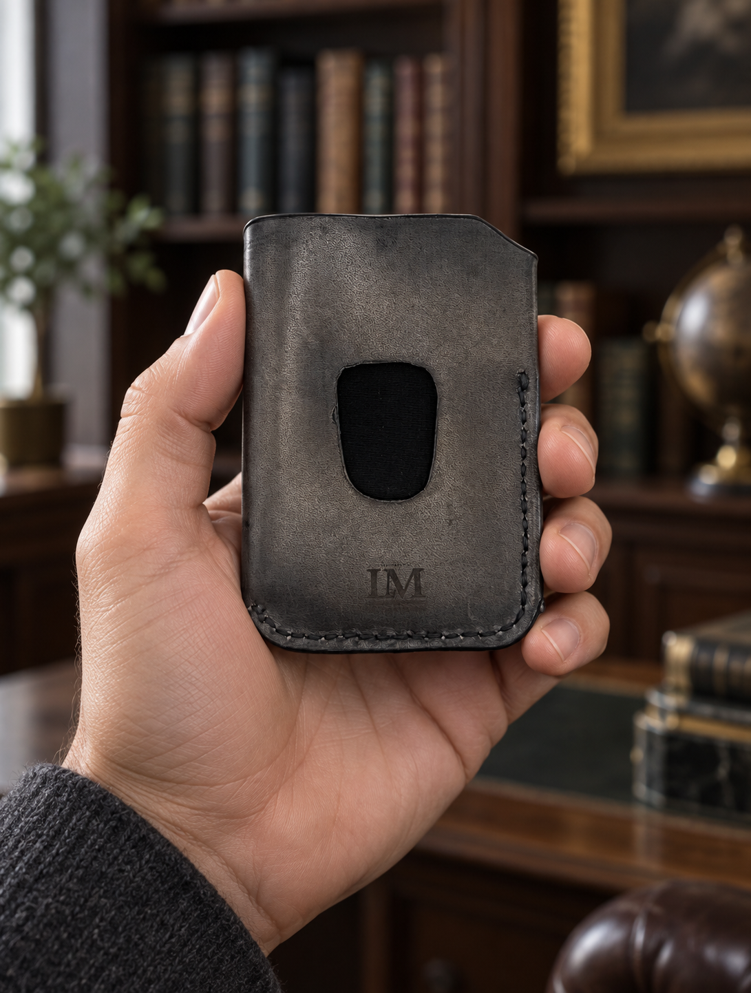 Smoked Grey Business Card Holder, lifestyle shot, held in hand