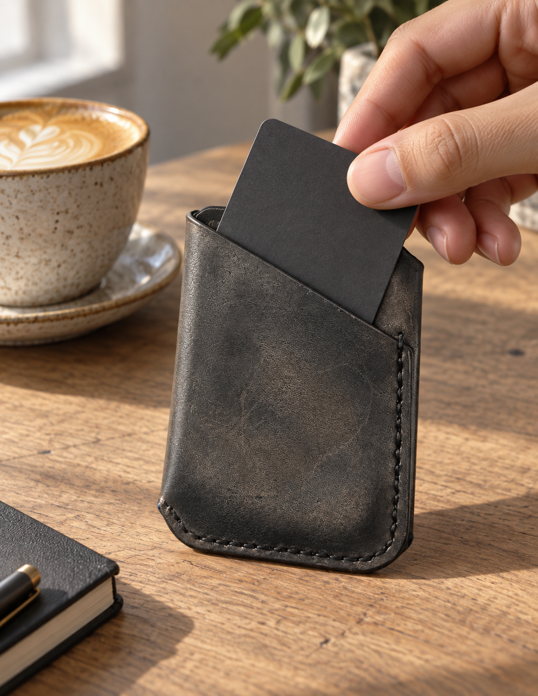 Smoked Grey Business Card Holder, lifestyle shot, in use