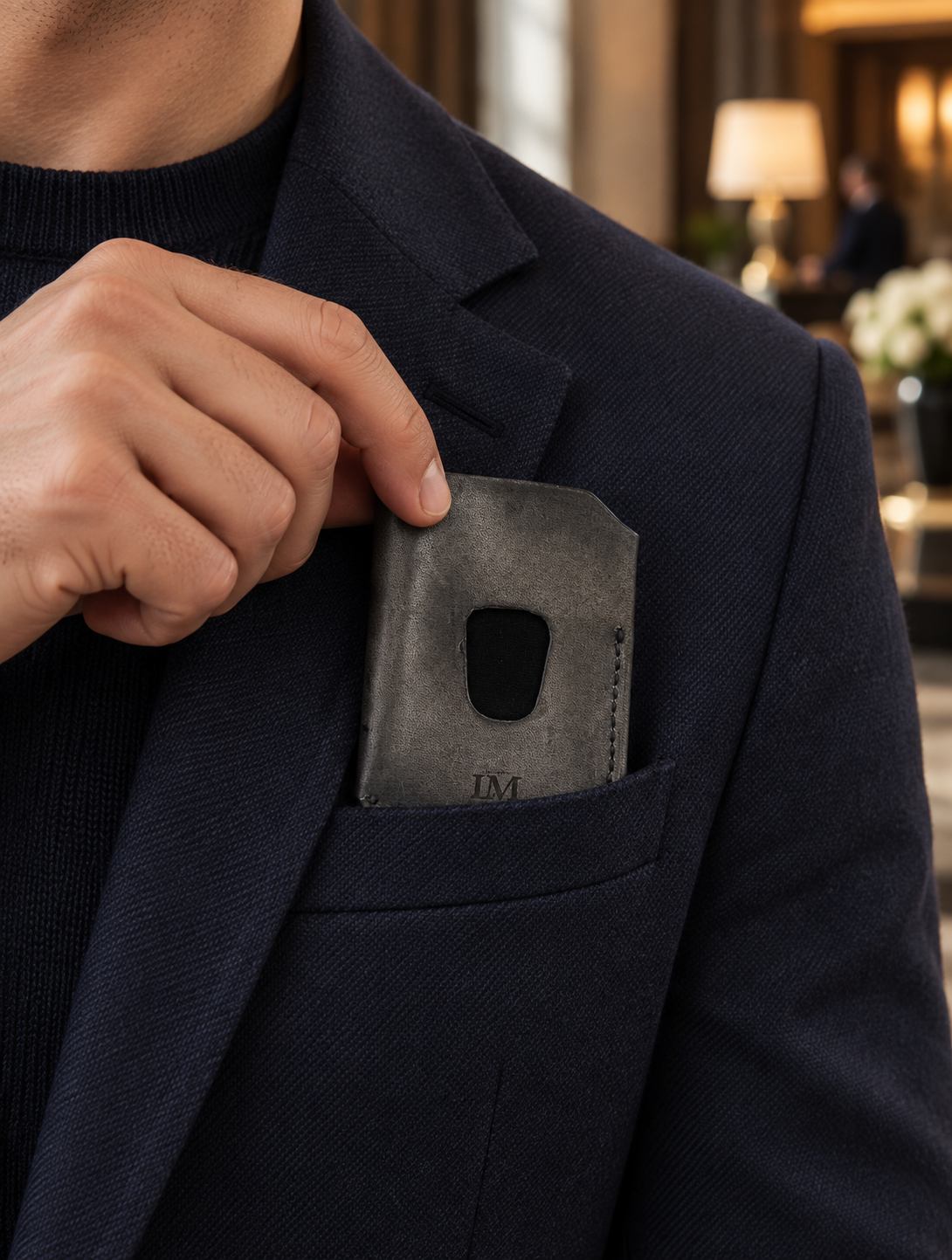Smoked Grey Business Card Holder, lifestyle shot, carried