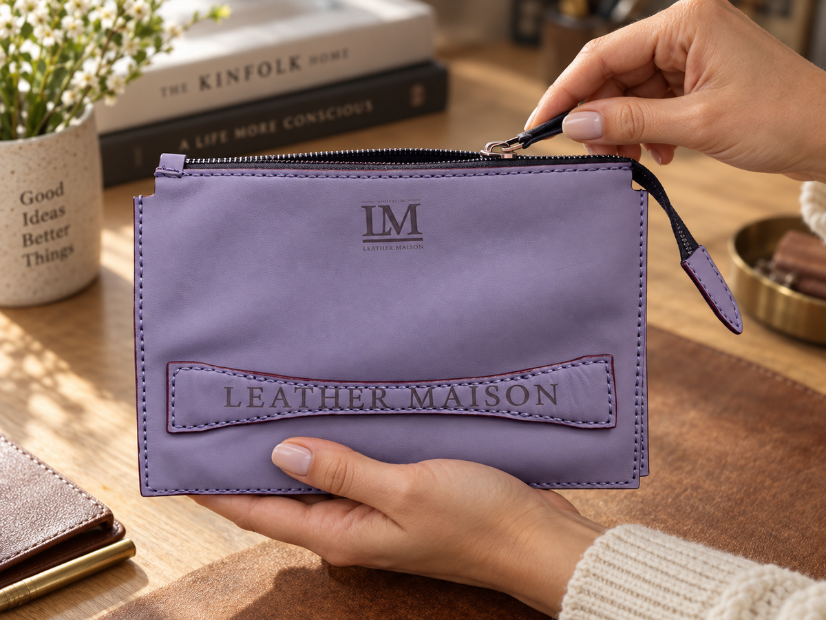 Steel Blue Clutch, lifestyle shot, in use