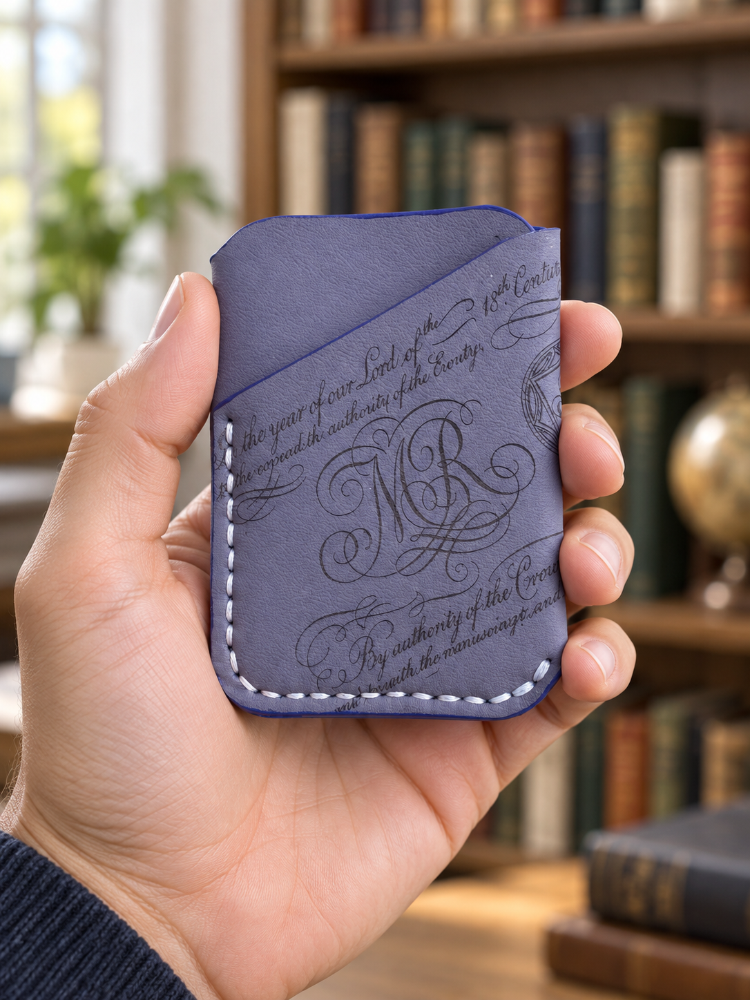 Storm Blue Calligraphy Business Card Holder, lifestyle shot, held in hand