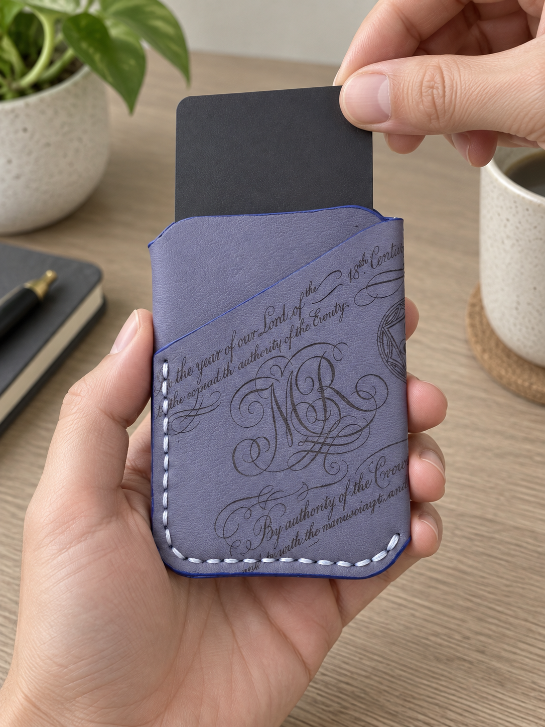 Storm Blue Calligraphy Business Card Holder, lifestyle shot, in use