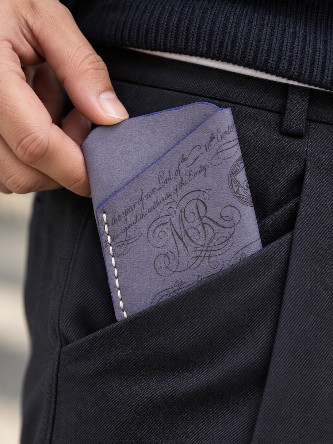 Storm Blue Calligraphy Business Card Holder, lifestyle shot, carried