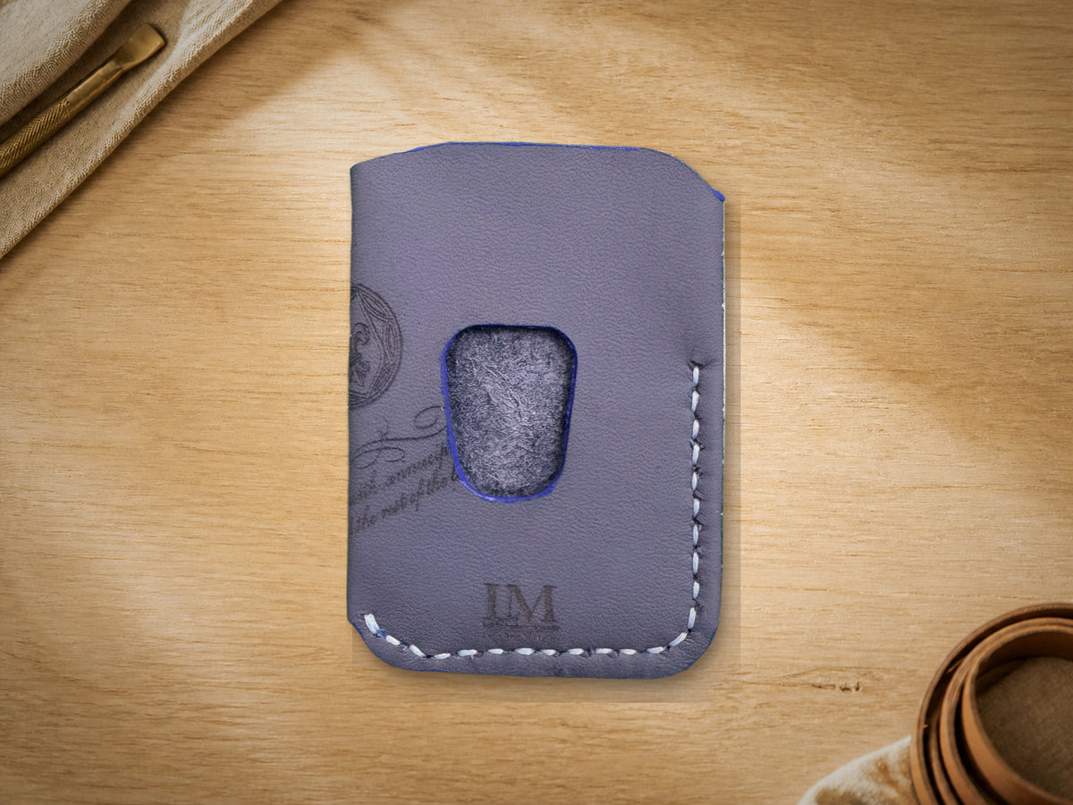 Storm Blue Calligraphy Business Card Holder, back with thumb-slot cutout