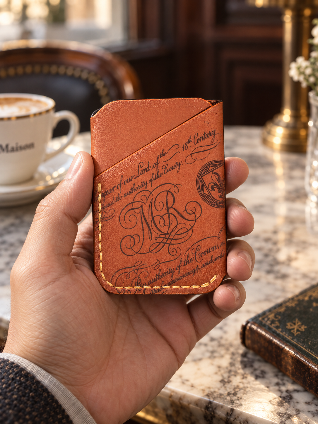 Terracotta Calligraphy Business Card Holder, lifestyle shot, held in hand