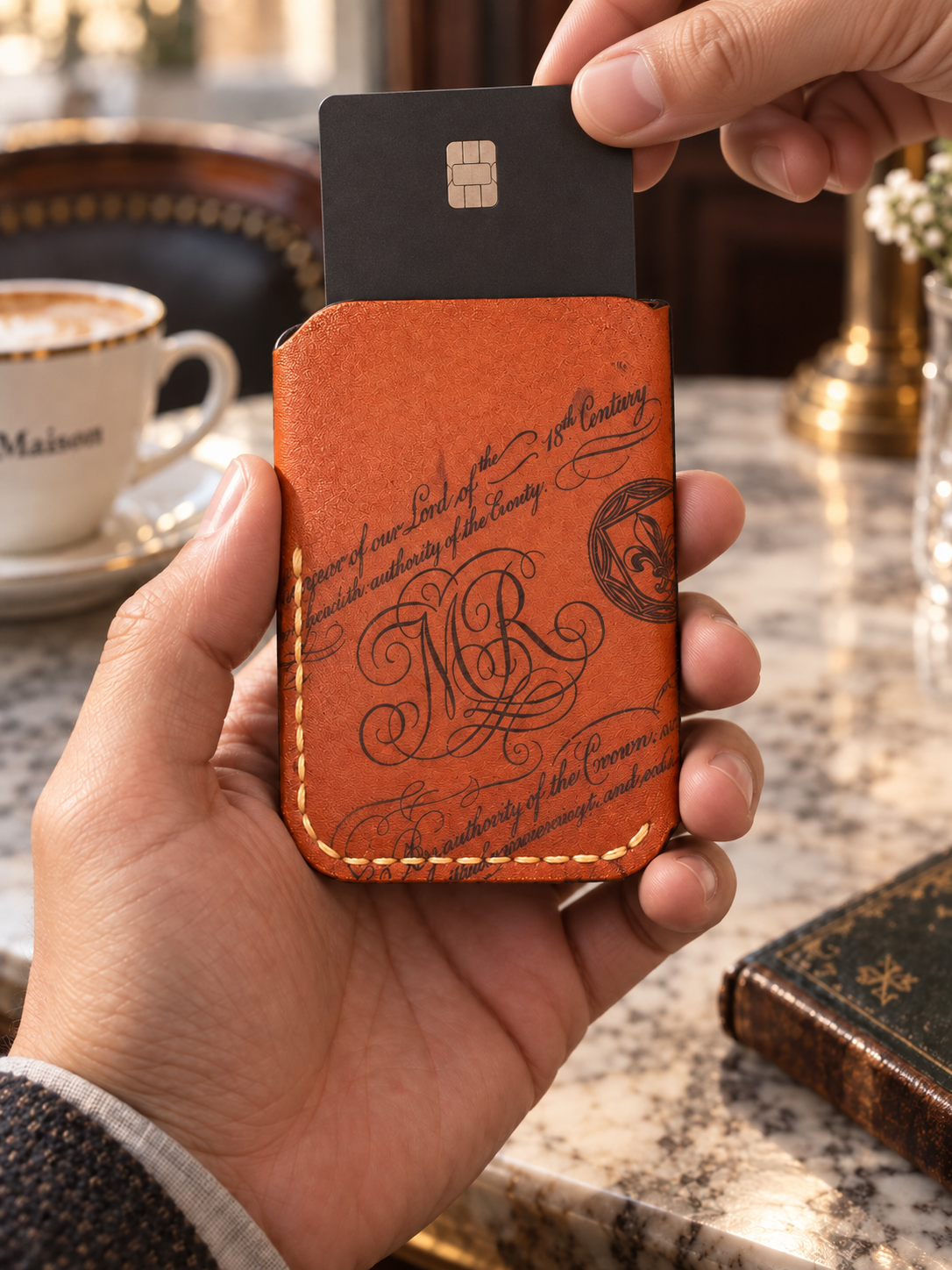 Terracotta Calligraphy Business Card Holder, lifestyle shot, in use