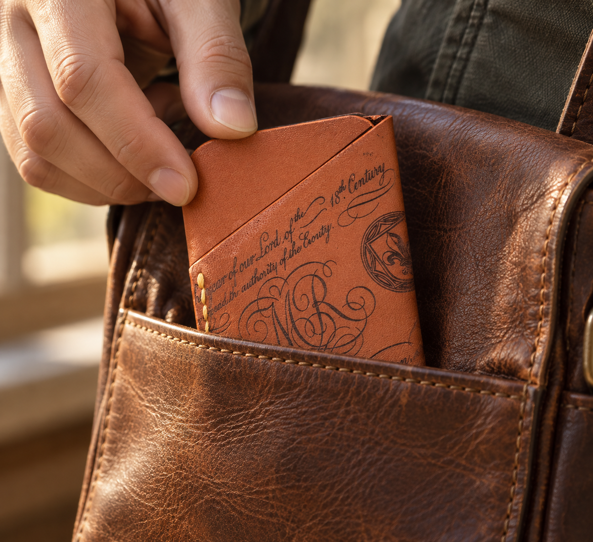 Terracotta Calligraphy Business Card Holder, lifestyle shot, carried
