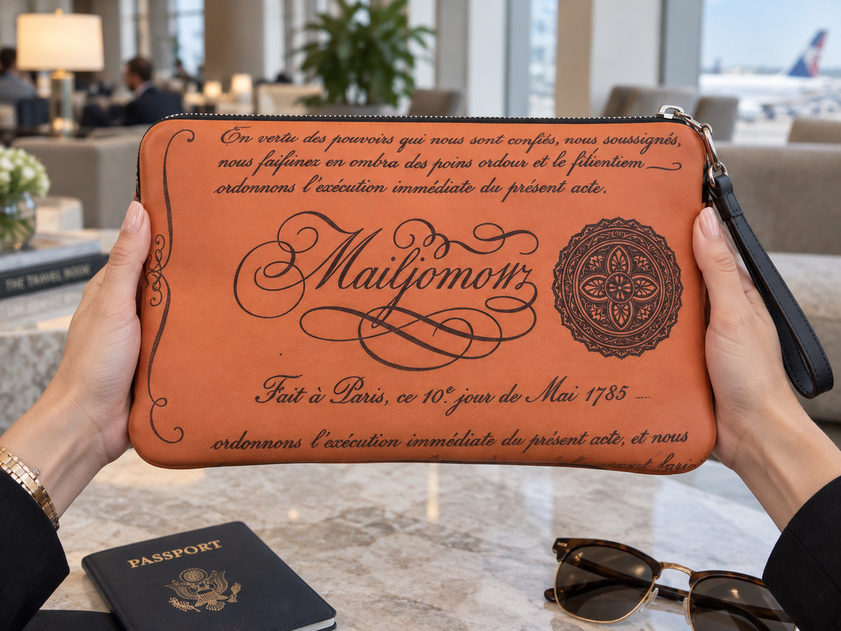 Terracotta Calligraphy Clutch, lifestyle shot, held in hand