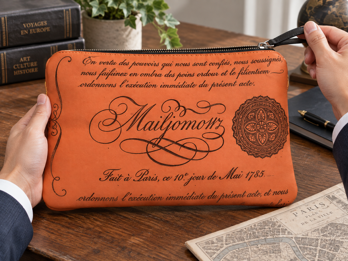 Terracotta Calligraphy Clutch, lifestyle shot, in use