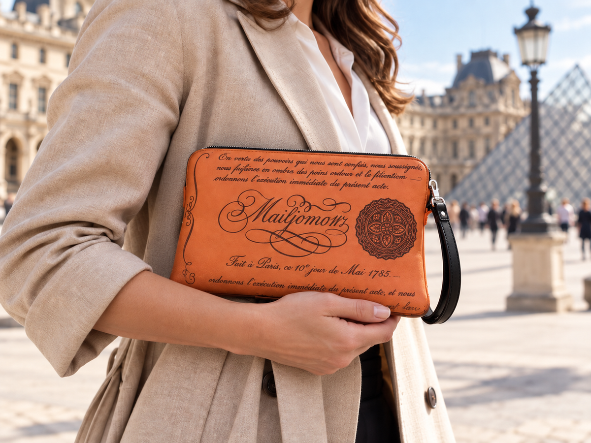 Terracotta Calligraphy Clutch, lifestyle shot, carried