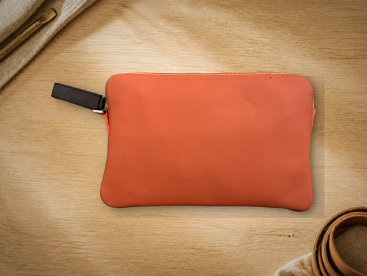 Terracotta Calligraphy Clutch, plain back showing zipper closure