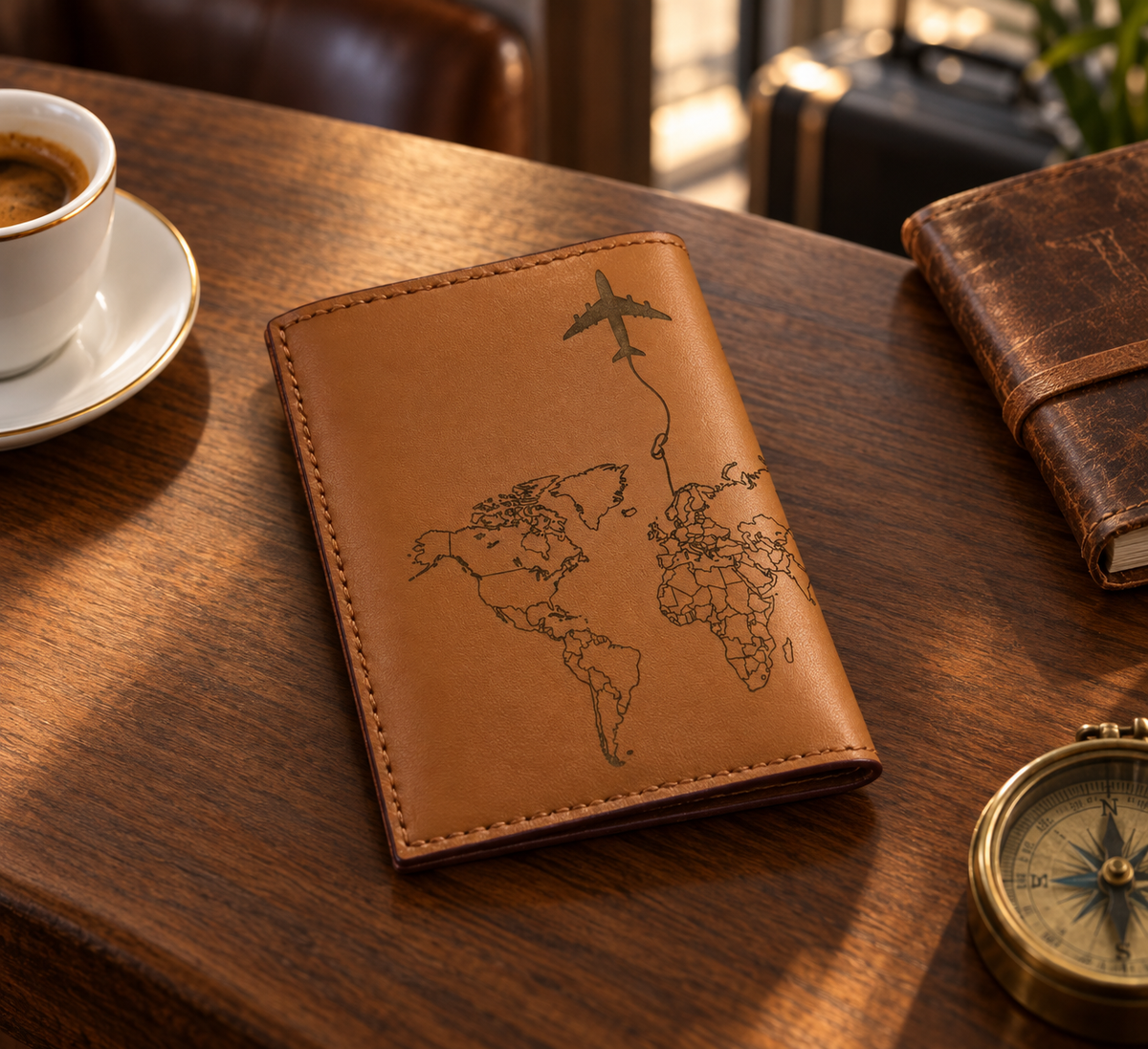 World Map Passport Holder, lifestyle shot, table setting