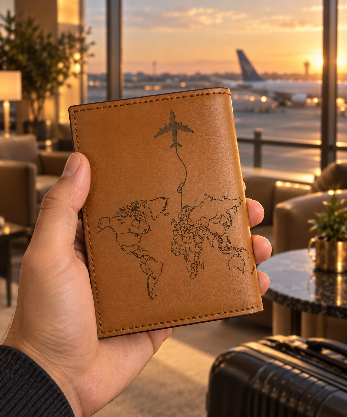 World Map Passport Holder, lifestyle shot, held in hand