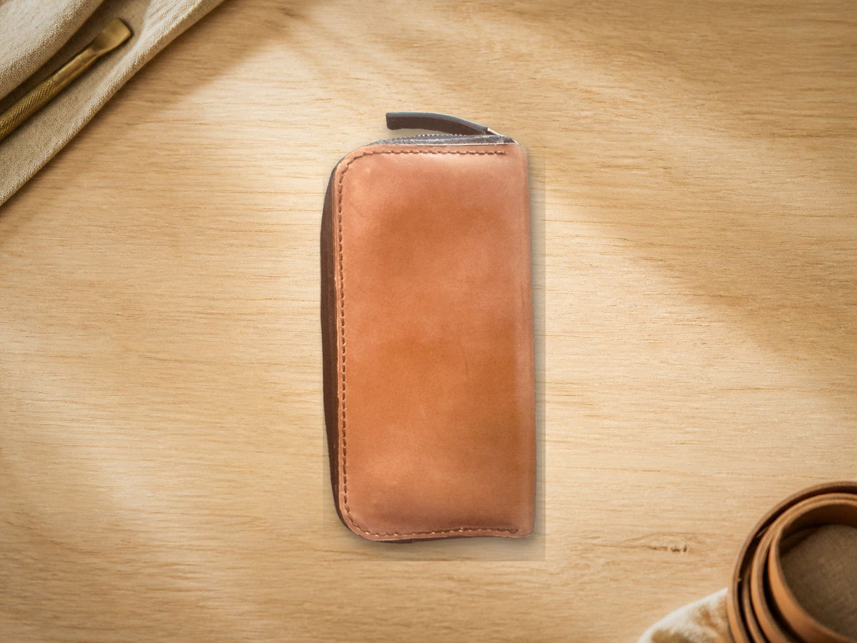 Zipper Wallet, light brown leather, closed angled view